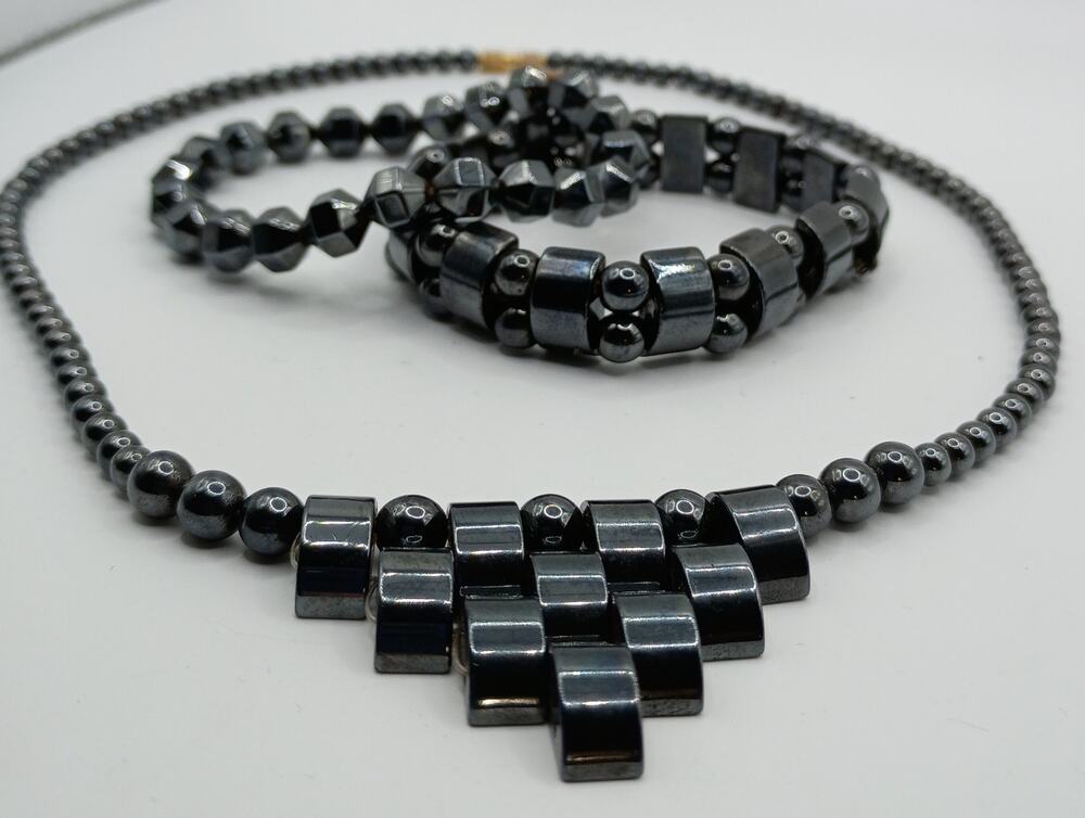 Magnetite Hematite-Style Necklace & Bracelet Set – 3 Pieces